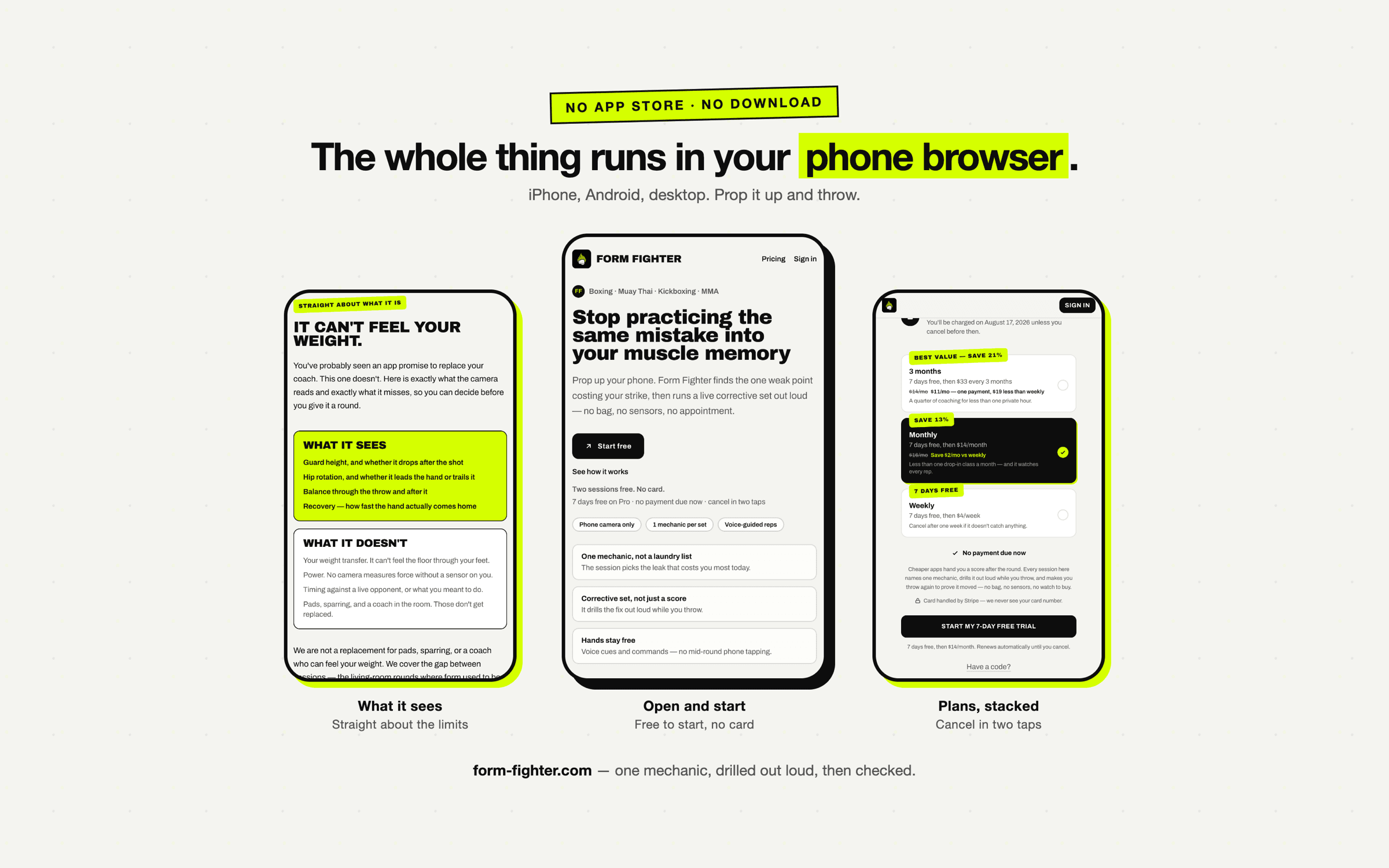 Three phone screens of Form Fighter running in a mobile browser: the what-it-sees and what-it-doesn't breakdown, the hero with Start free, and the plan cards showing 7 days free and cancel in two taps.